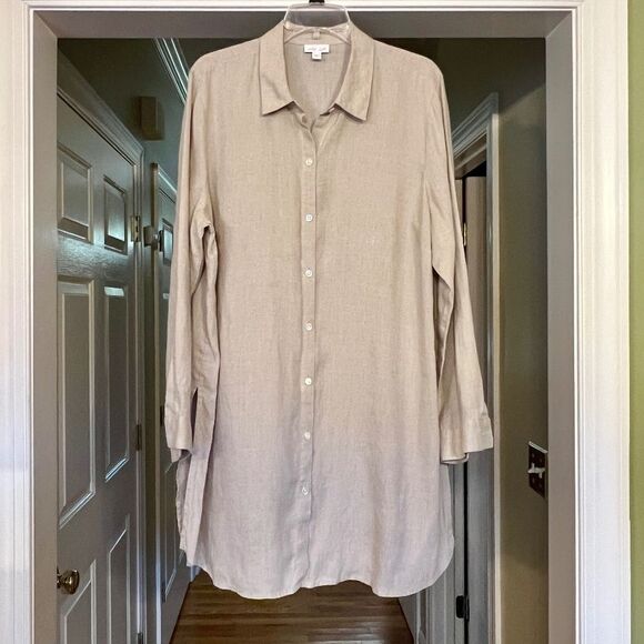 EUC J Jill Longer Length Button Front Linen Tunic Top Blouse Shirt Khaki XL - Picture 1 of 2